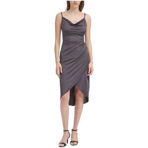 NWT Guess Draped Front Ruched Stretch Midi Faux Wrap Retro Slip Party Dress 12